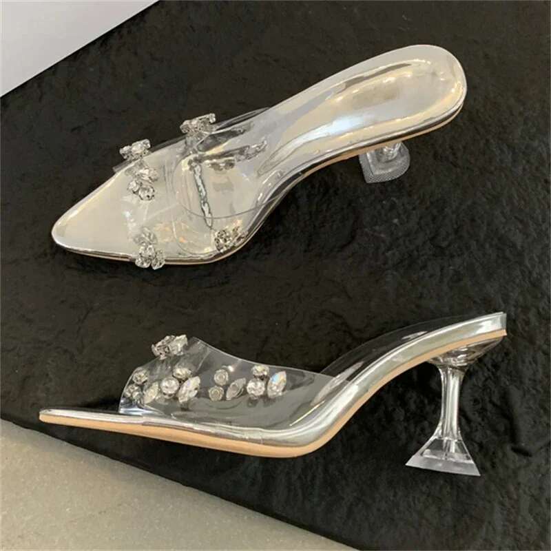 Sexy Crystal Dia PVC Transparent Pointed Toe High Heels Women Slippers Sandals Summer Slide Ladies Shoes