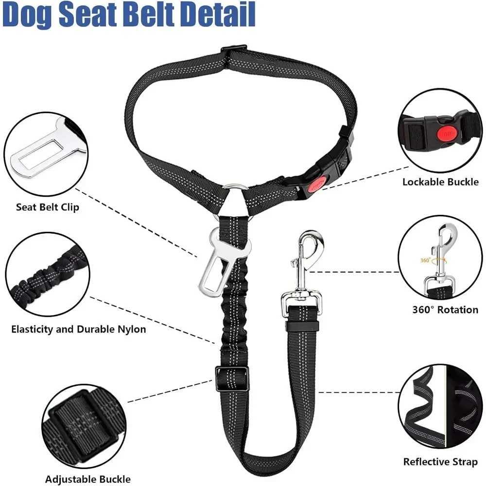 2-in-1 Dog Car Seatbelt Headrest Restraint Adjustable Reflective Pet Safety Seat Belt Clip Buckle Tether Large Medium Small DogsXJ250218