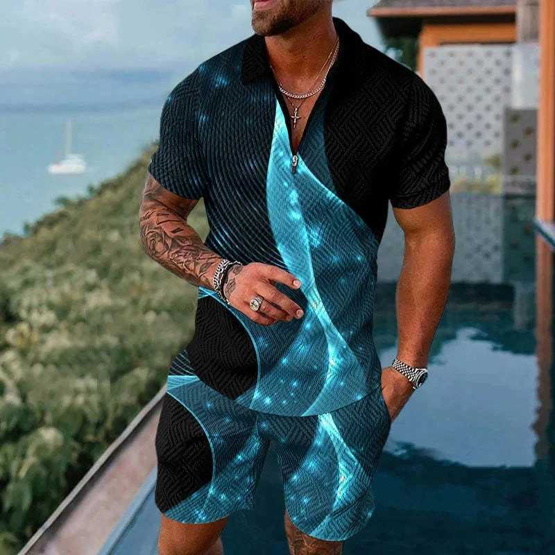 Solid Color Gradient Print Men Sweatsuit Set Summer Casual Zipper Polo Shirt And Shorts 2pcs Sets Fashion Man Pullover ClothingXJ250218