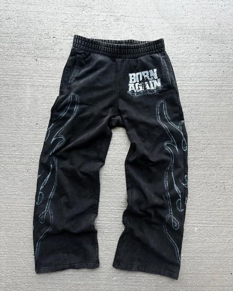 Men's Pants Letter Embroidery Design Side Flame Graphic Straight Men Harajuku Y2k Clothing 2000s Basketball Elastic Waist Sweatpants