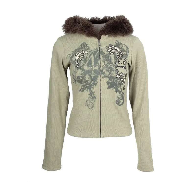 Karrram Japanese Y2k Fur Hooded Cardigan Vintage Haruku Tattoo Print Knitted Jacket Trashy 2000s Style Thick Ribbed Coat 90s