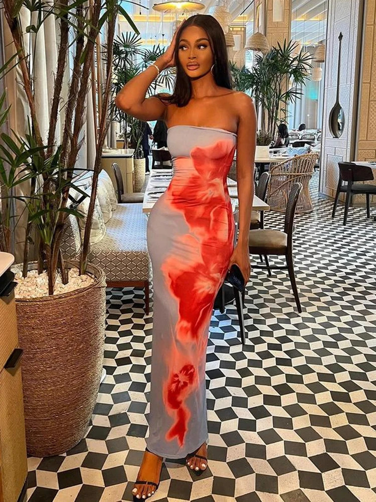 Chic Floral Print Strapless Long Dress Women Elegant Sleeveless Back Split Midi Dresses Lady Holiday Party Beach Backless Robe 250218