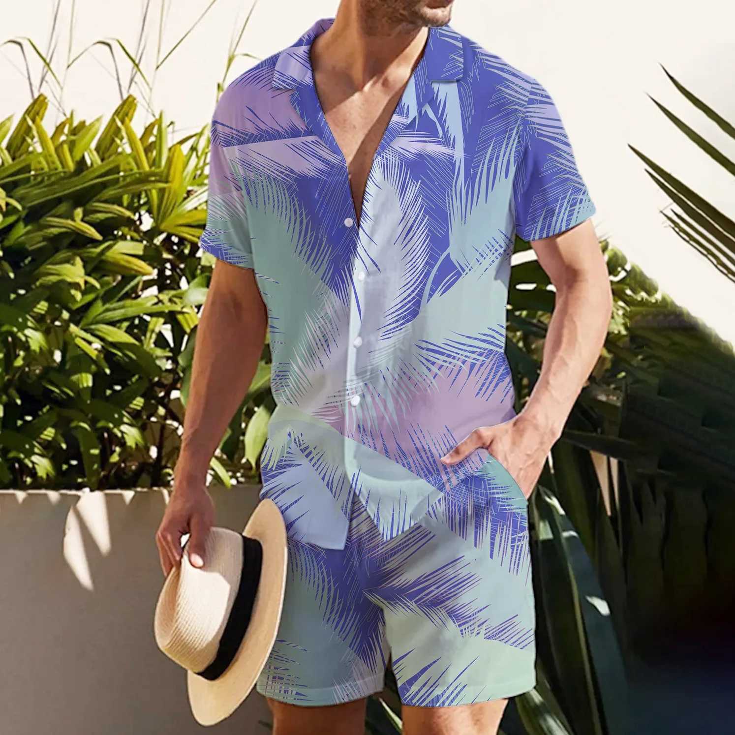 Summer Palm Leaves 3D Print Men Shirt Sets Fashion Short Sleeve Shirt Oversized Beach Shorts Streetwear Hawaiian Suits ClothesXJ250218