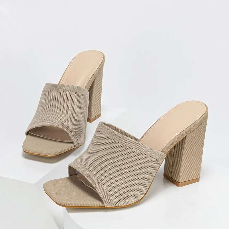 Summer Peep Square Toe Stretch Fabric Slippers Women Fashion Wedding Party Sandals Mule Slides Shoes