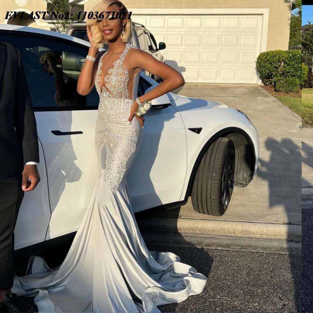 EVLAST Customized Sparkly Sier Crystal Beading Mermaid Prom Dress Sheer Black Girls Women Formal Party Evening Gowns E2P138