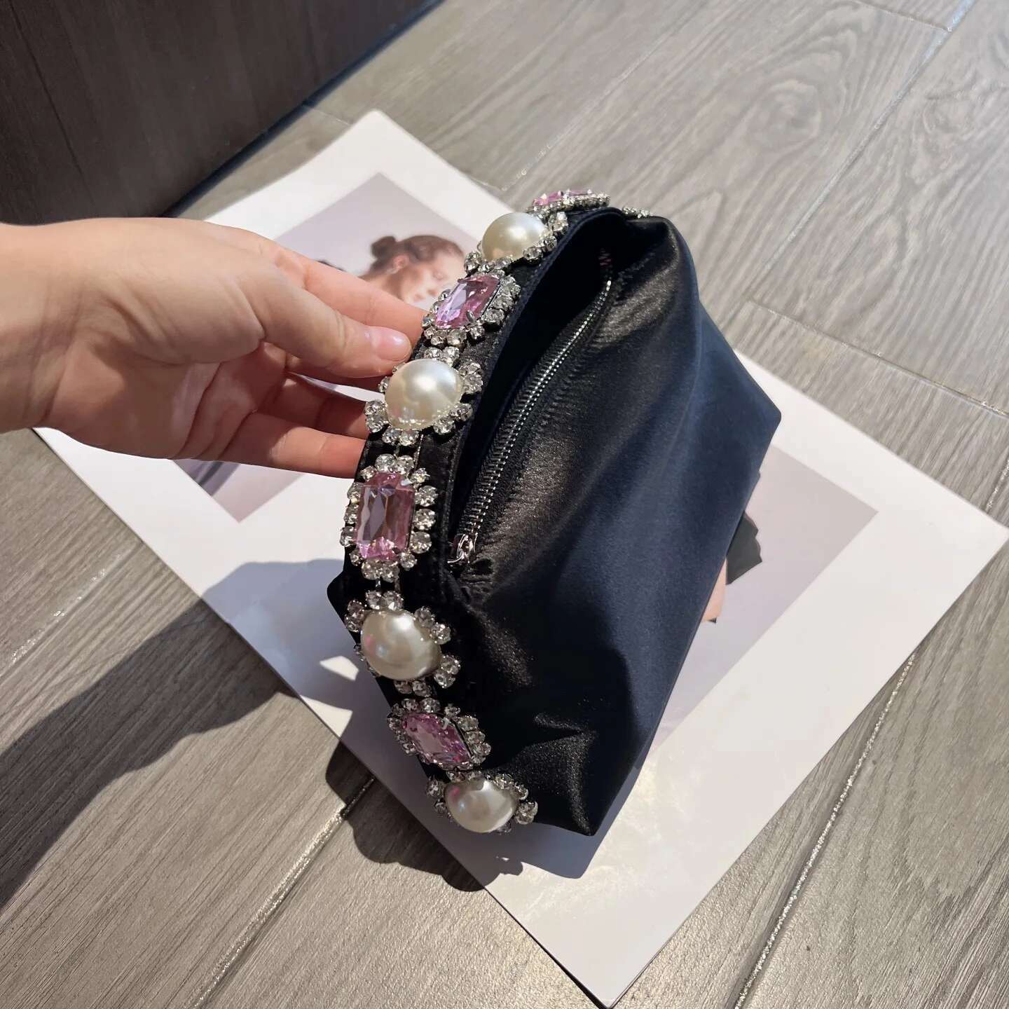 Designer Pearl Beaded Satin Hobo Women Handbag Rhie Dia Evening Wedding Party Clutch Purse Shoulder Bag