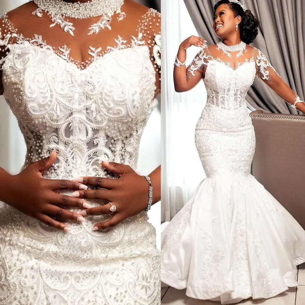 Saudi Mermaid Wedding Dresses 2025 Sheer O Neck Beads Pearls Long Sleeve Bride Dress Formal Custom Made Lace Appliques Bridal Go