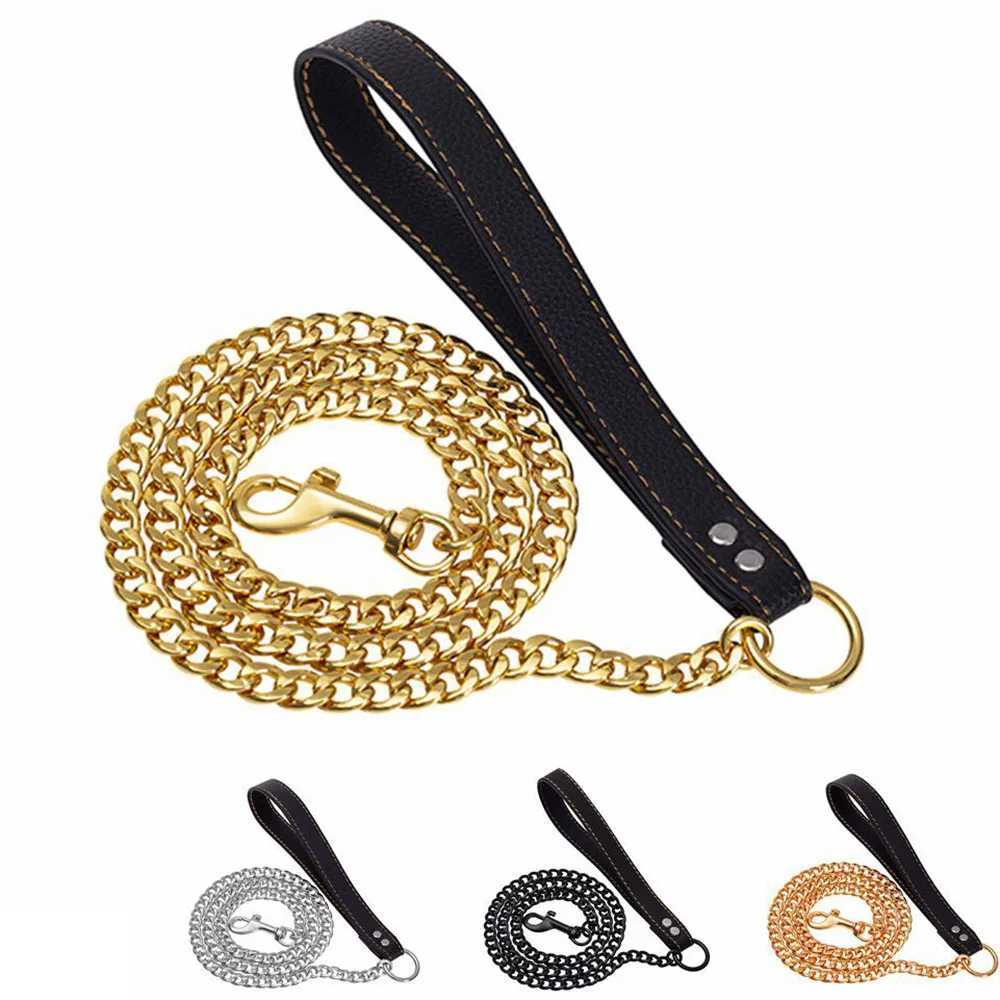 125cm Golden NK Dog Chain Leash Chew Proof Metal Pet Dog Leash with Leather Handle Heavy Duty Stainless Steel Large Dog LeashXJ250218