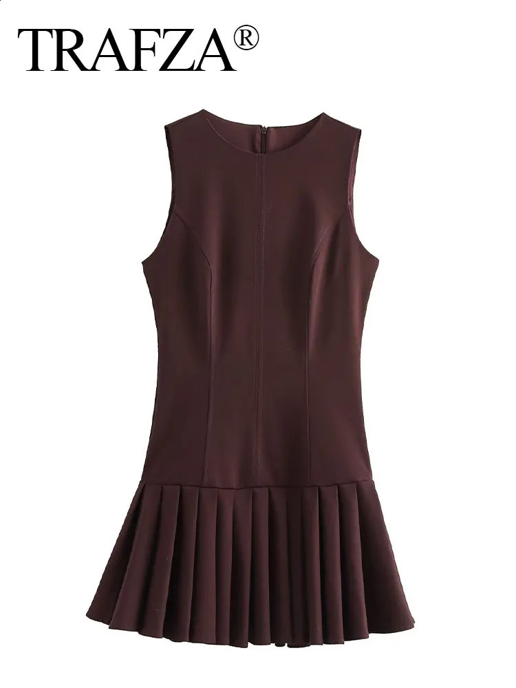 TRAFZA 2025 Fashion Woman Elegant High Street Slim Rear Zipper Pleated Dress Female Summer O-Neck Sleeveless Solid Mini Dress 250218