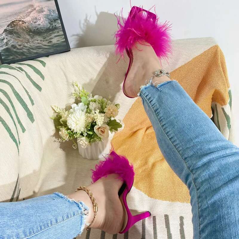 Sexy Fluffy Furry Women Slippers Female Party Mules Thin Heels Summer Sandals Slides atillas De Mujer