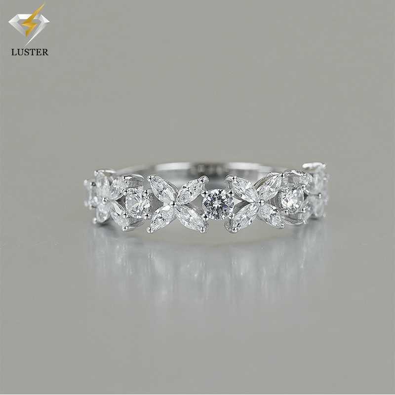 Luster Unique Dainty 925 Silver Full Band Moissanite Jewelry Marquise Four-Leaf Clover Moissanite Half Eternity Band Ring