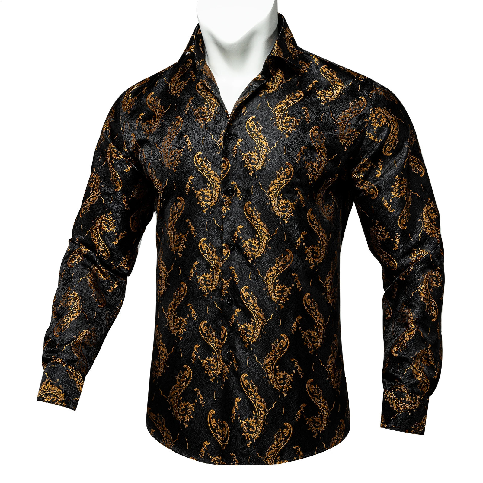 Mens Business Dress Shirts Black Gold Long Sleeve Formal Button-Down Collar Social Slim Fit Shirt Spring Man Casual Blouse 250214