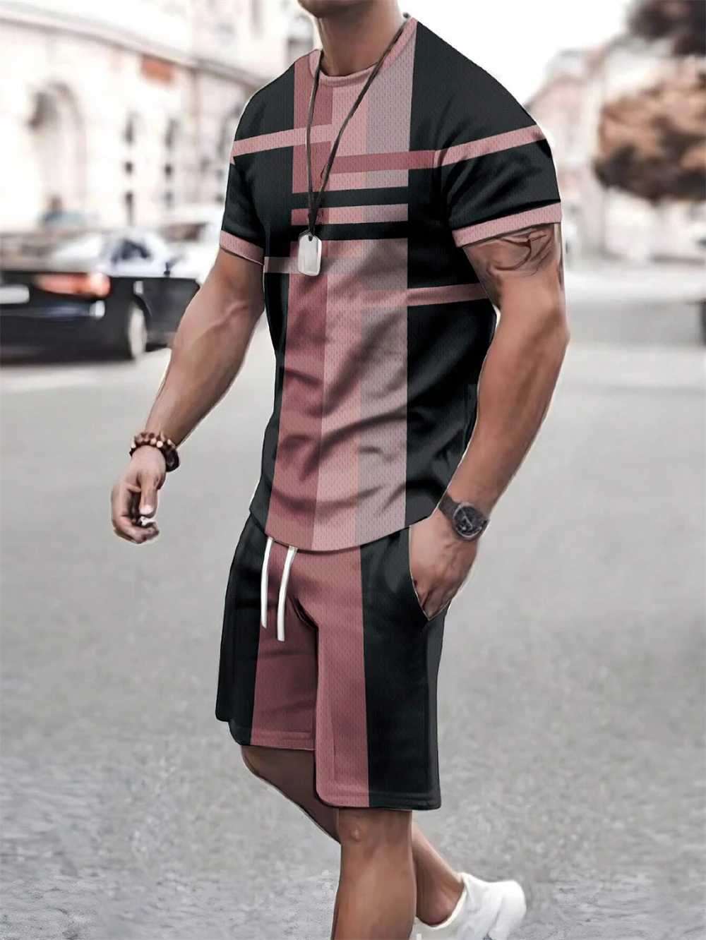 Mens Summer Two-piece Set Patchwork Color Street T-shirt Casual Outdoor Sports Short-sleeved Rope Shorts Mens ClothingXJ250218