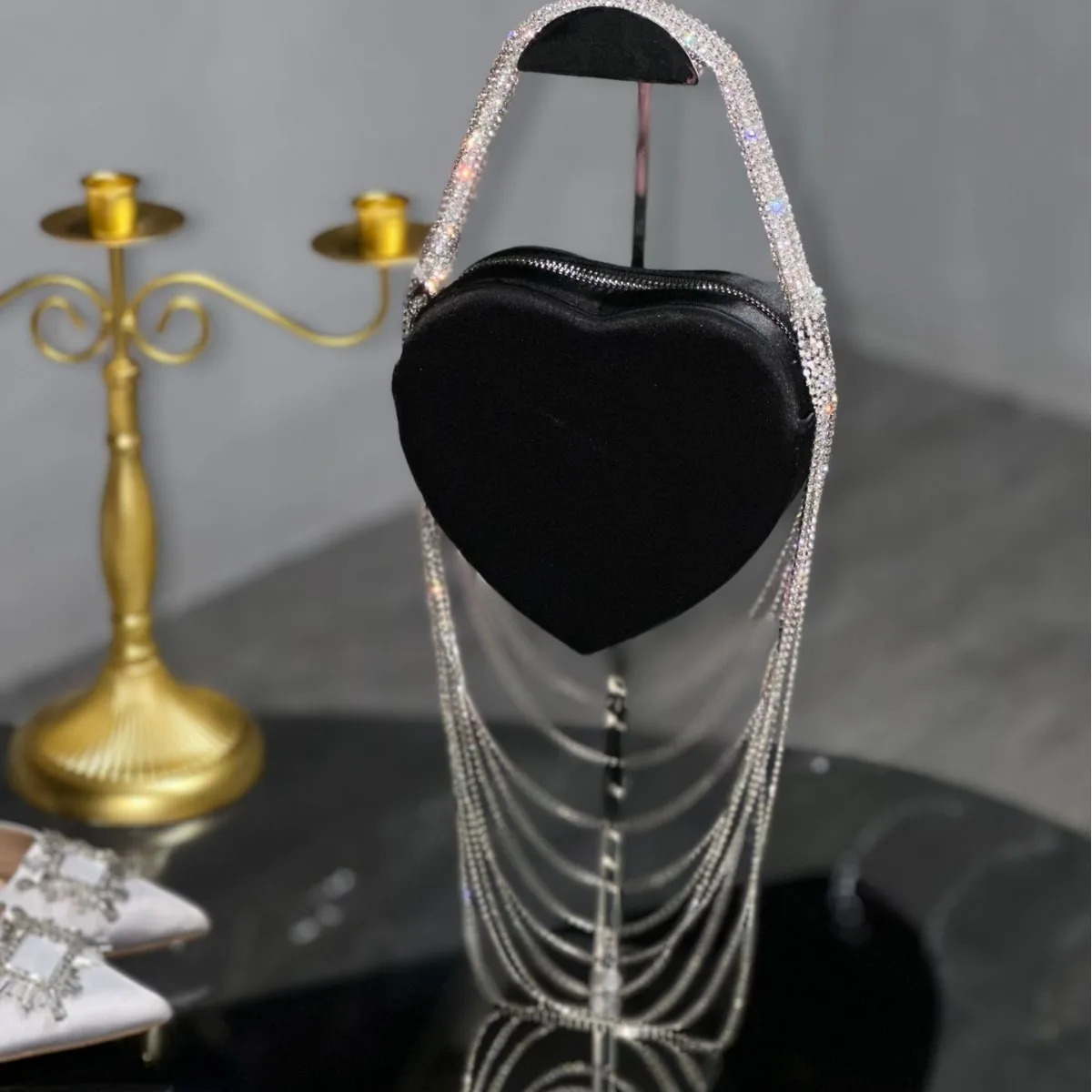 Tassel Heartshaped Silk Rhinestone Handbag Women Pink Love Shoulder Chain Crossbody Bag Fashion Evening 250218