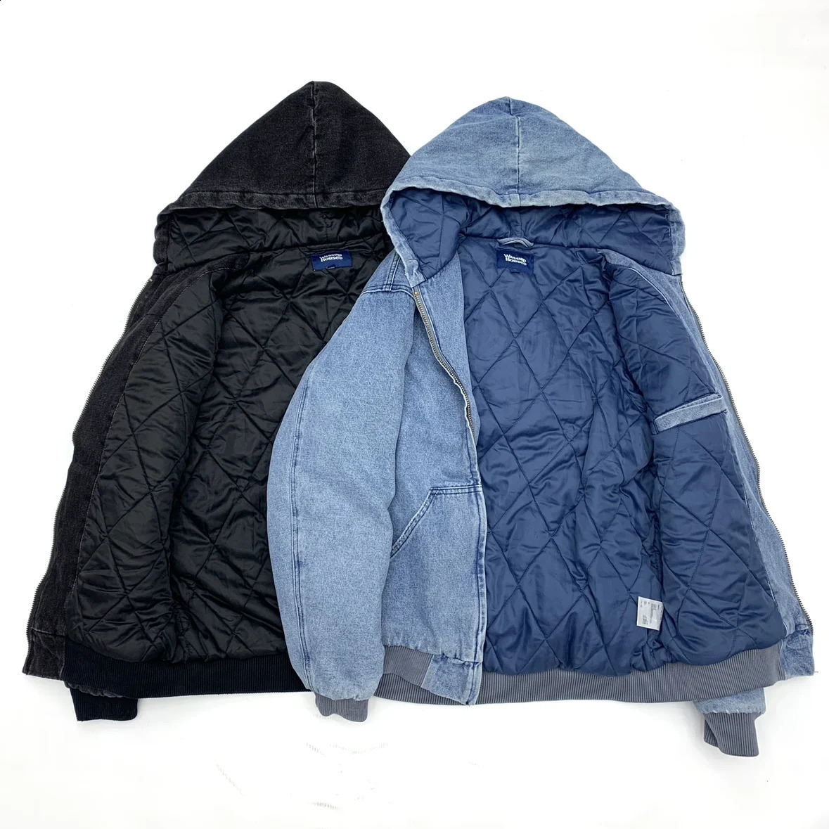 Mens thick cotton padded denim jacket washed zipper hooded loose cotton denim jacket for autumn and winter 250214