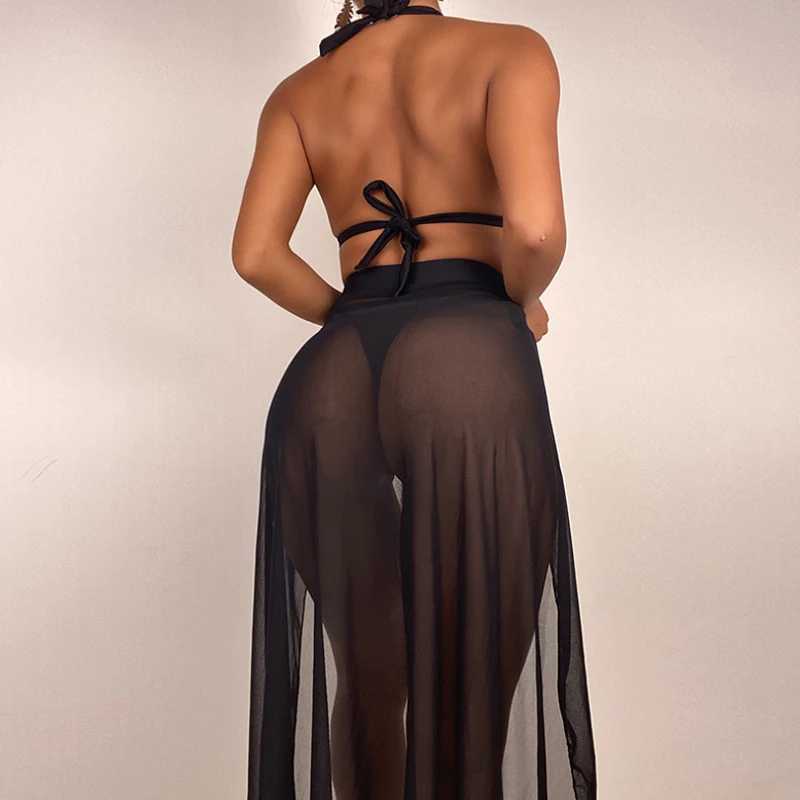 Women Sexy Thr Piece Bikini Set Solid Mid Open Mesh Skirts 3 Pcs Bathing Suits Halter Neck Tops Two Side Belt Beachwear 2025 W250219