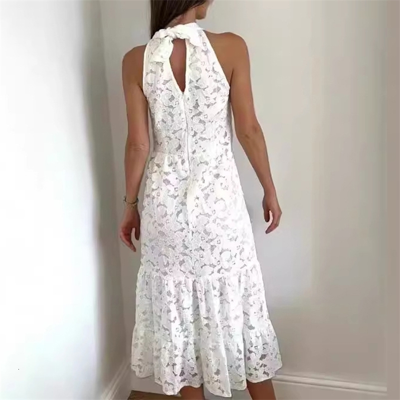 White Embroidery Jacquard Lace Crochet Dress Women Spring Sexy Halter Tie-up Long Dress Summer Sleeveless Hollow Party Dress 250218