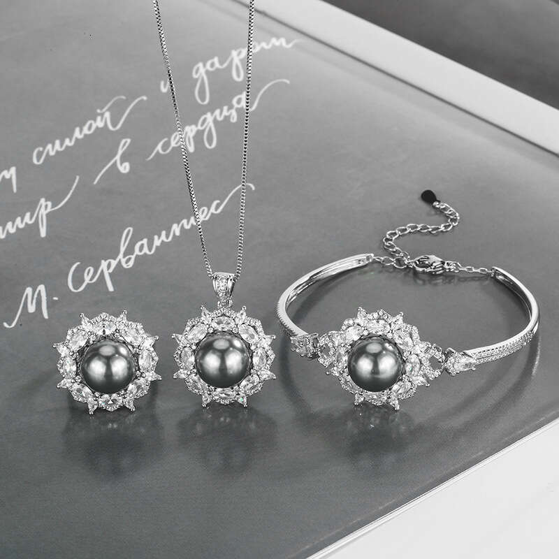 New jewelry set live broadcast, gray pearl open ring necklace bracelet, fashionable style, high-end feel for women