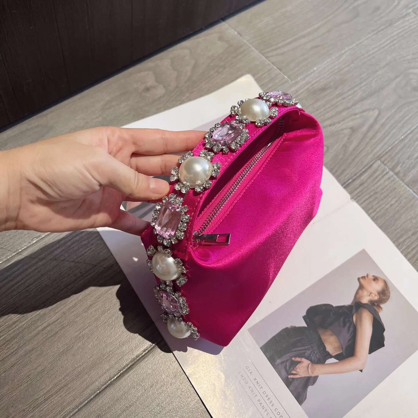 Designer Pearl Beaded Satin Hobo Women Handbag Rhie Dia Evening Wedding Party Clutch Purse Shoulder Bag
