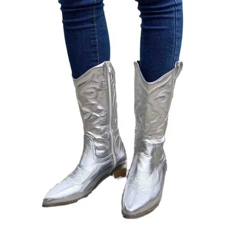 Women Fashion Zipper Knight Boots Ladies Autumn Thick Sole Chunky Heels Boots Pointed Toe Shoes Embroidered Cowboy 2024 Z250704