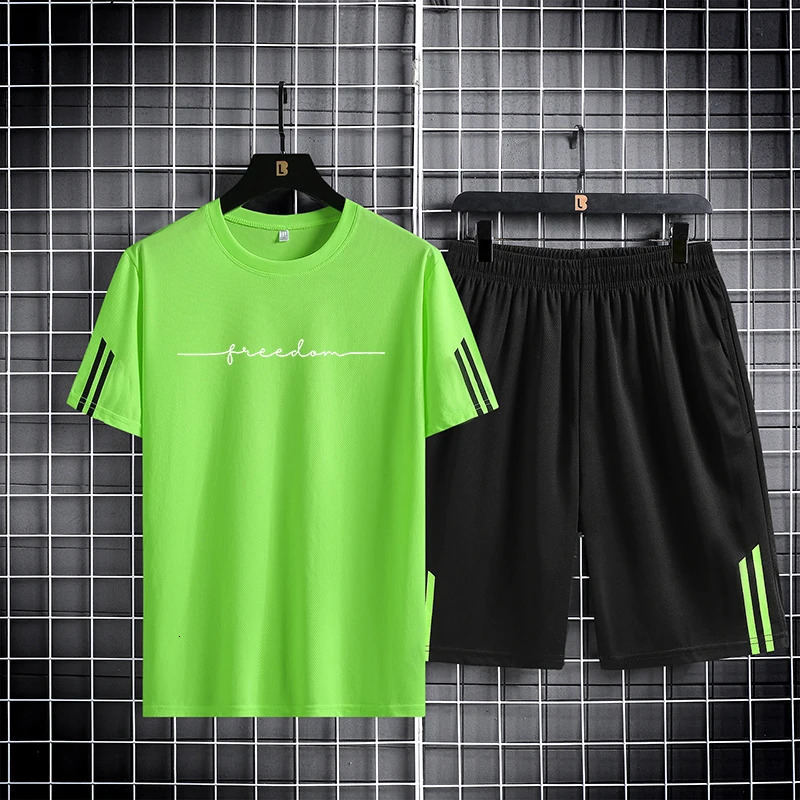 M5XL Summer Mens 2024 Quick Drying Breathable Mesh Short Sleeve Tshirt and Two Piece Running Sports Set 250219
