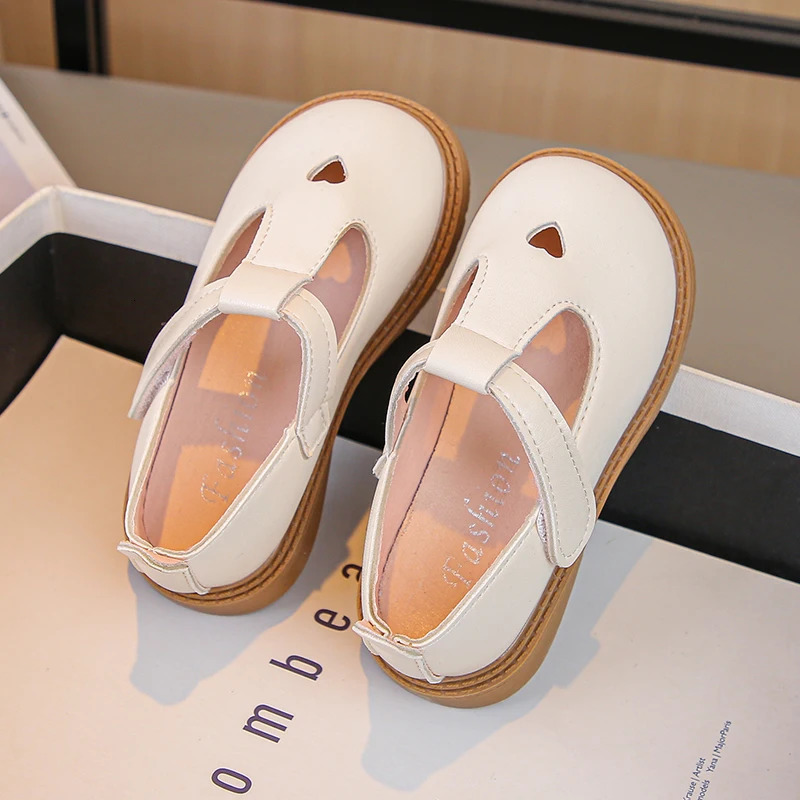 Girls Princess Leather Shoes Toddlers Baby Kids Flats T-strap Cut-outs with Heart Hollow Cute Sweet Soft Spring Autumn 250219