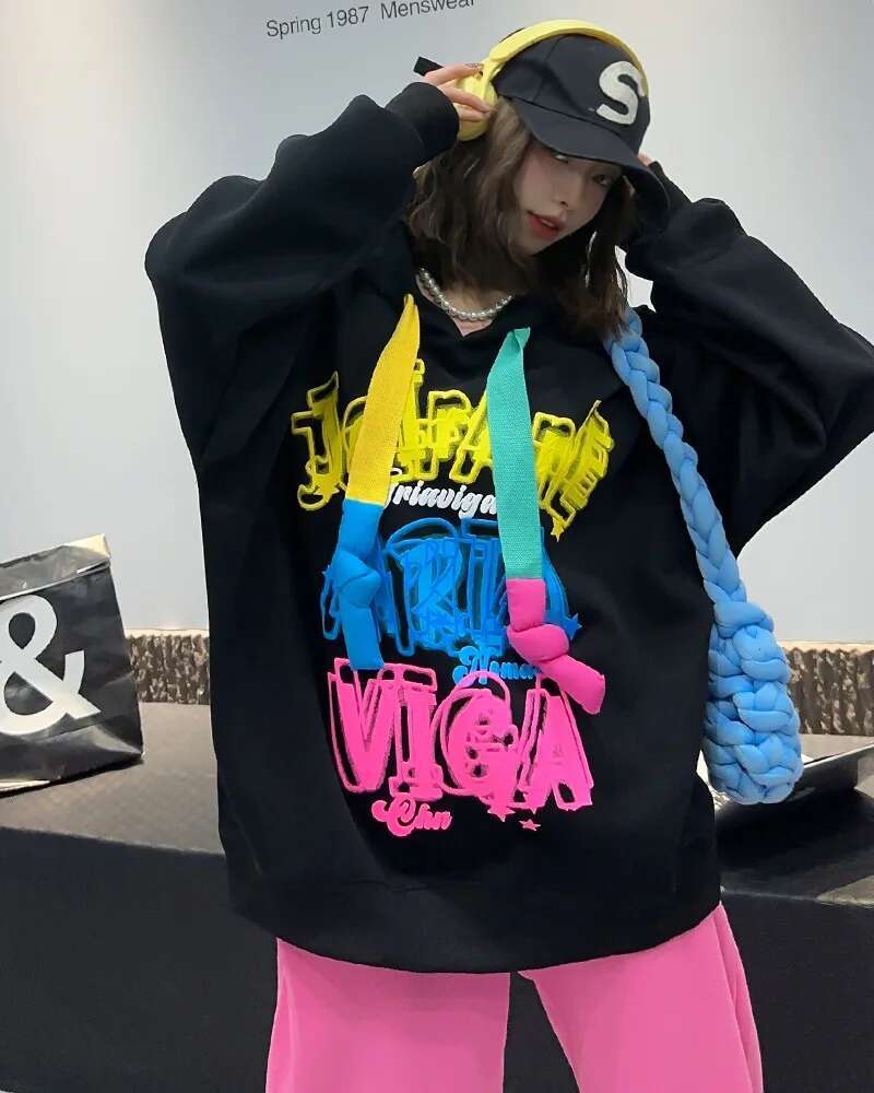 Casual Hoodies Women's Sweatshirt 2024 Graffiti Letter Pullovers Long Sleeve Tops Korean Vestidos Streetwear Bust130cm Length72