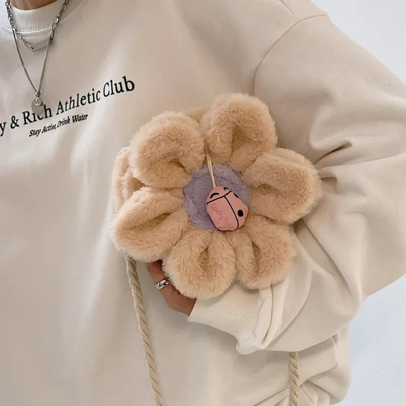 Sunflower Flower Shape One Shoulder Messengers Bag Childrens Plush Small Girls Zipper Fashion Cute Round Contrasting Color Bags 250219