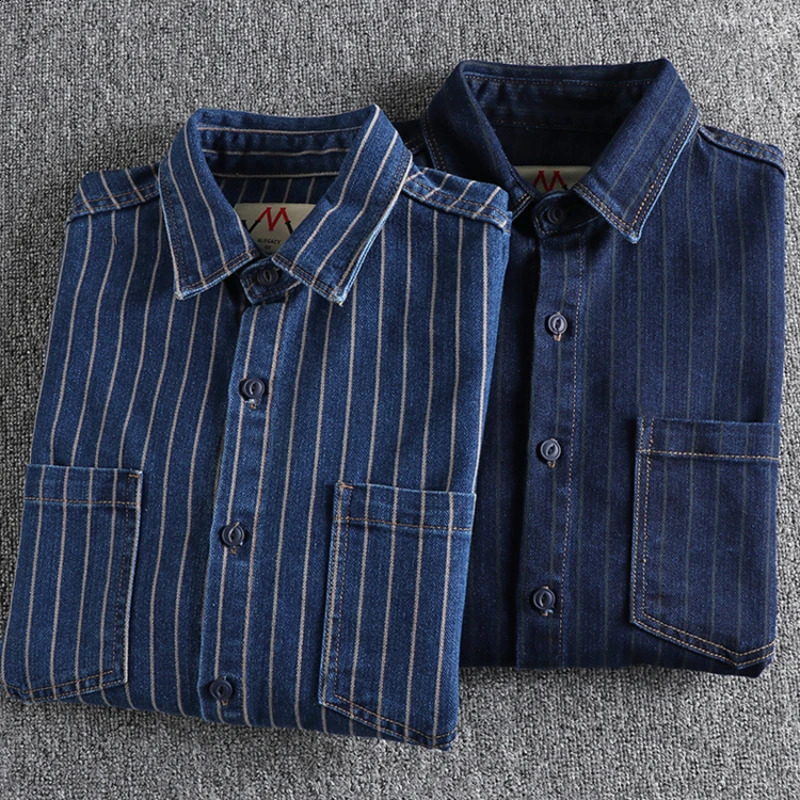 European and n retro yarn-dyed striped jeans shirt men wash khaki fashion youth loose casual thin coat 250214