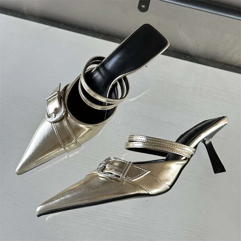 Spring Fashion Buckle Strap Woman Slippers Design Style Thin Heels Ladies Pointed Toe Shallow Shoes Slides Mules Sandals