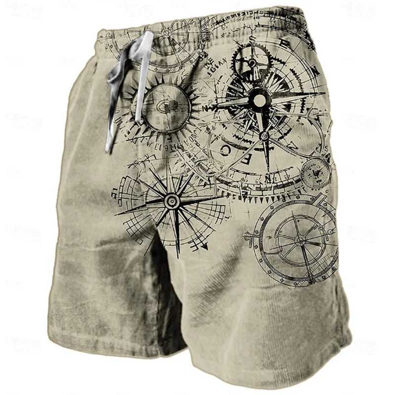 Men's Shorts Vintage Compass Pattern Beach Short For Men Fashion Trend Summer 3D Printed Swim Trunks Loose Drawstring Streetwear Short Pants z250