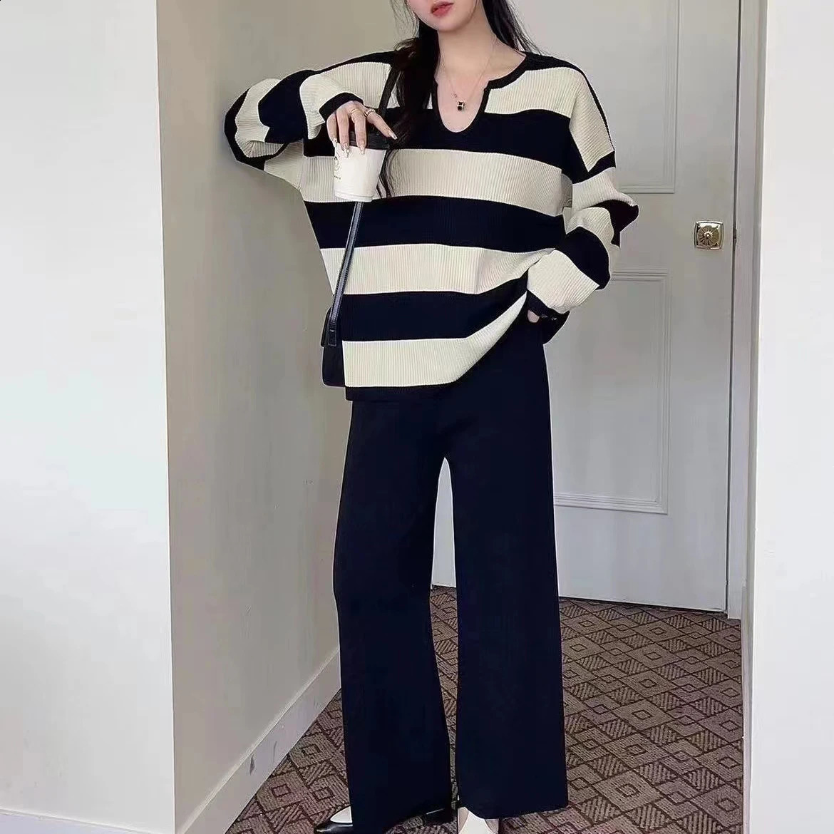 Casual Elegant Knitted 2-pieces V-neck Striped Long Sleeved Top Wide Leg Solid Loose Pants In Mathing Set Women Trend 250218