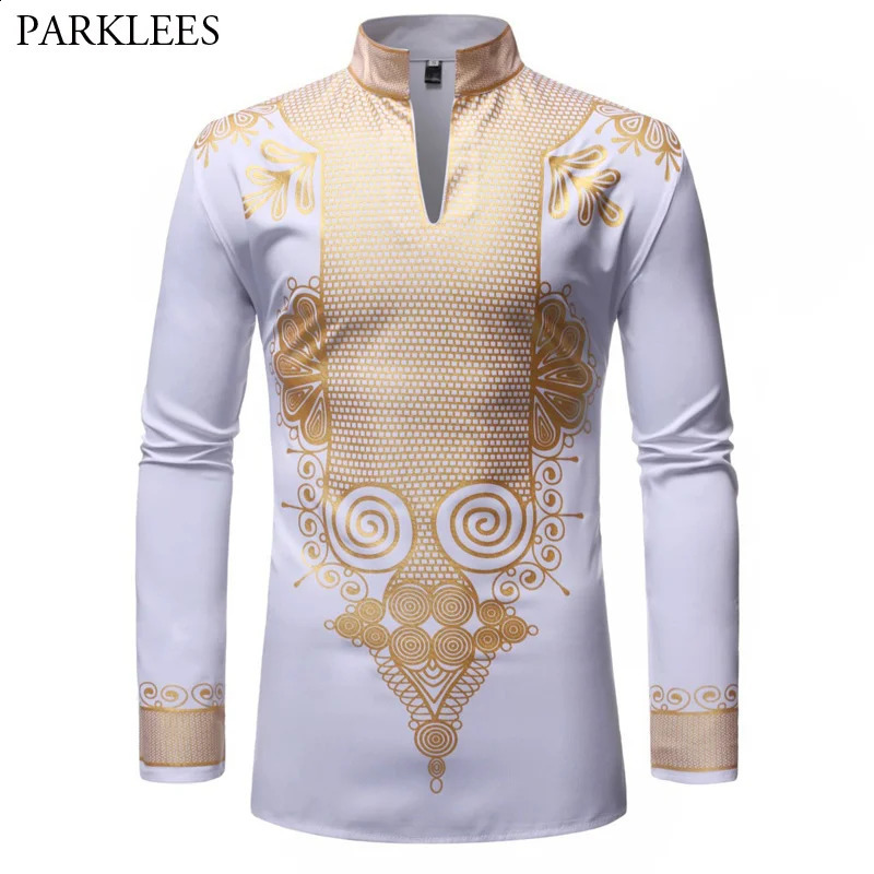 White Wenhua collar mens fashion long sleeved African stone printed dress mens casual shirt African clothing 250214
