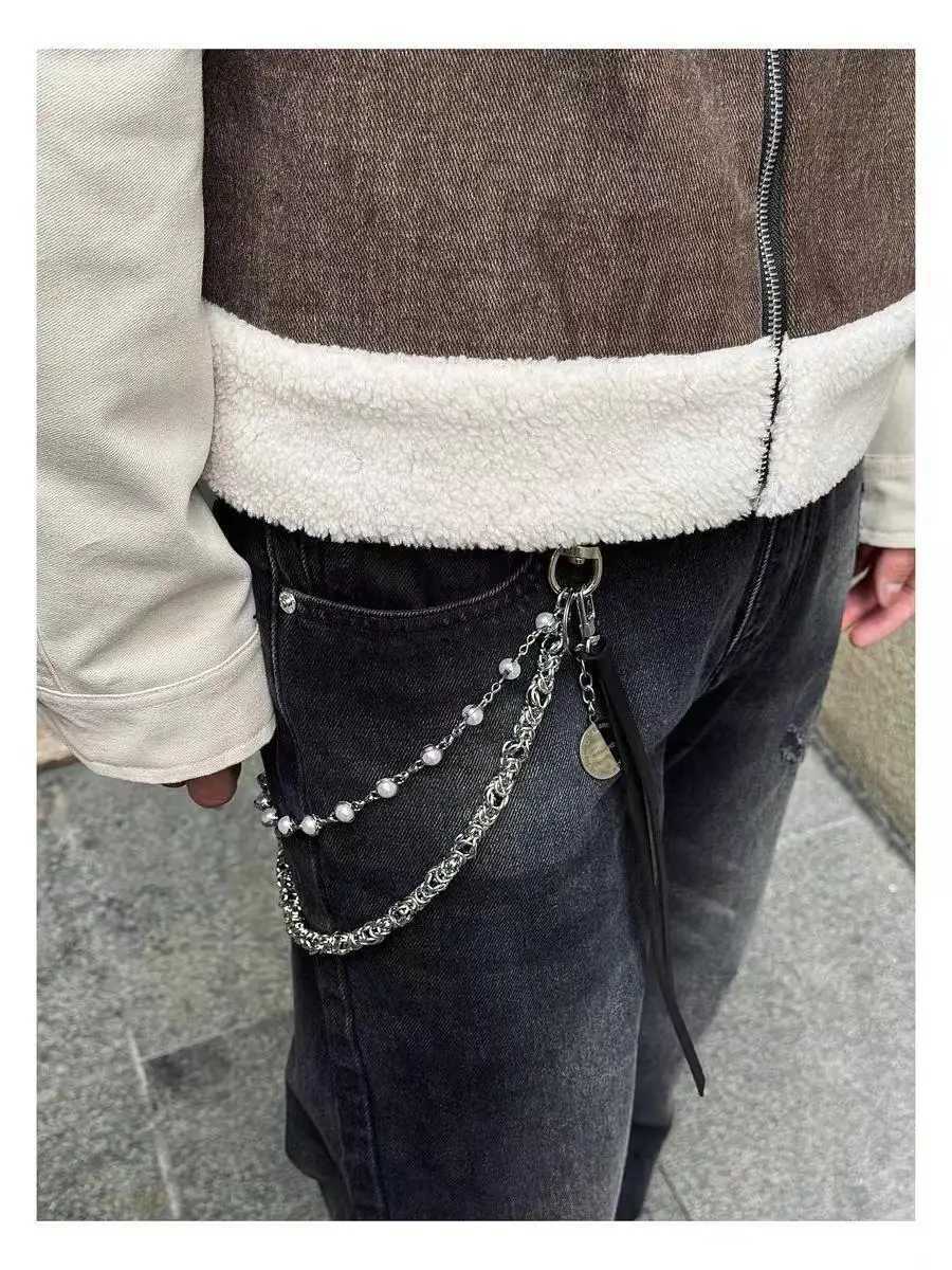 Fashionable and minimalst mens double-layer pearl sheepskin sheath with retro hip-hop punk style keychain y2k pants chain acce W250218