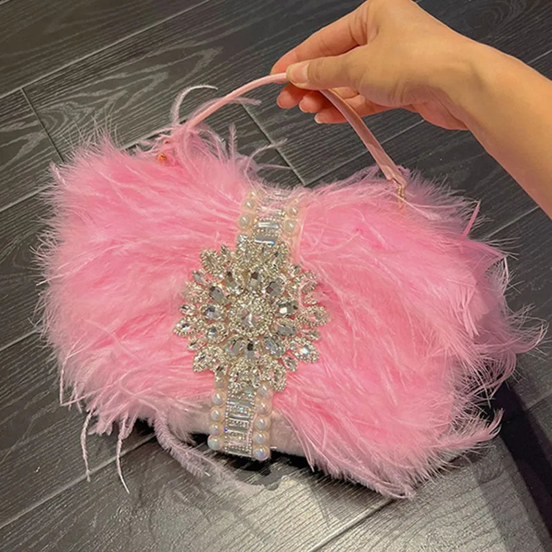 Ostrich Feather Handbags Diamond Bag Pearl Evening Bags For Women Shoulder Crossbody Bag Party Purse Wedding Clutch 250218
