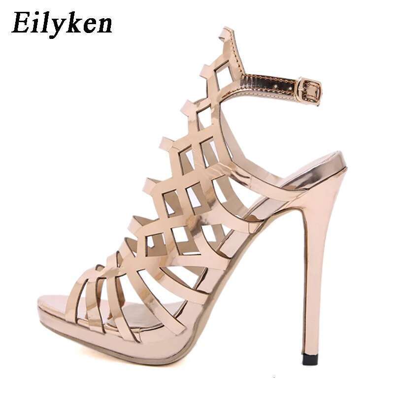 Gladiator Peep Toe Women Sandals Ankle Buckle Strap Summer Thick High Heels Golden Pole Dancing Pumps Shoes