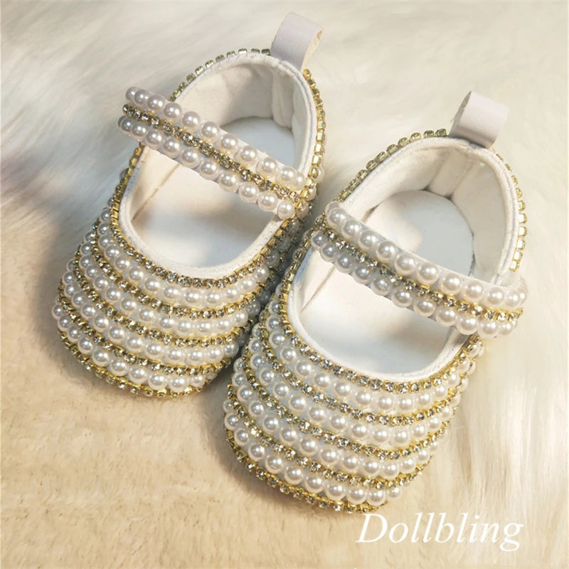 Dollbling Princess Girl Off-white Pearls Ordinal Rhinestone Comfortable Soft Cotton Inner Hook and Loop Toddler Crib Shoes 250219