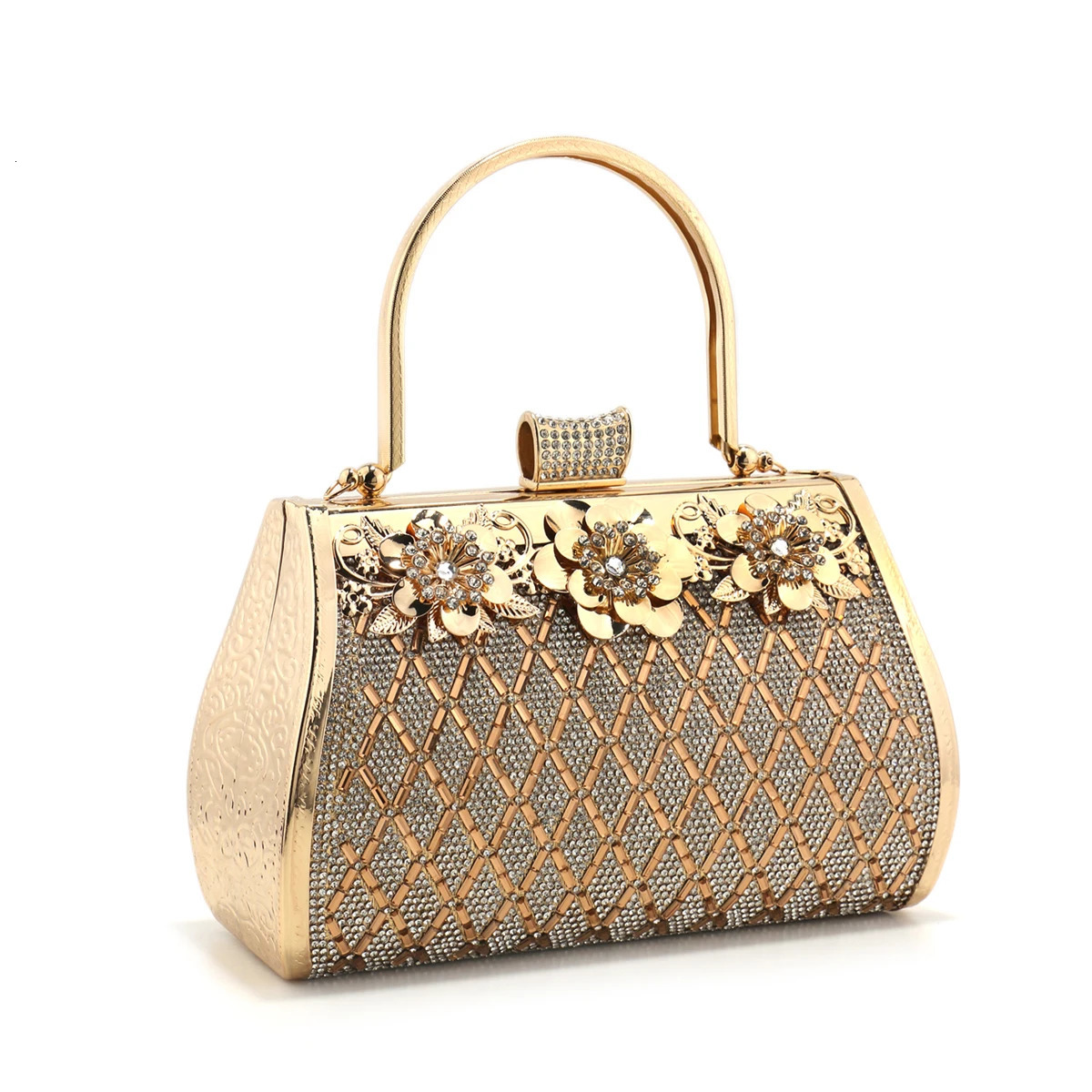 Rhinestones Bucket Women Evening Clutch Golden Metal Handle Handbags Crystal Flower Vintage Perfect n Box Holder 250218
