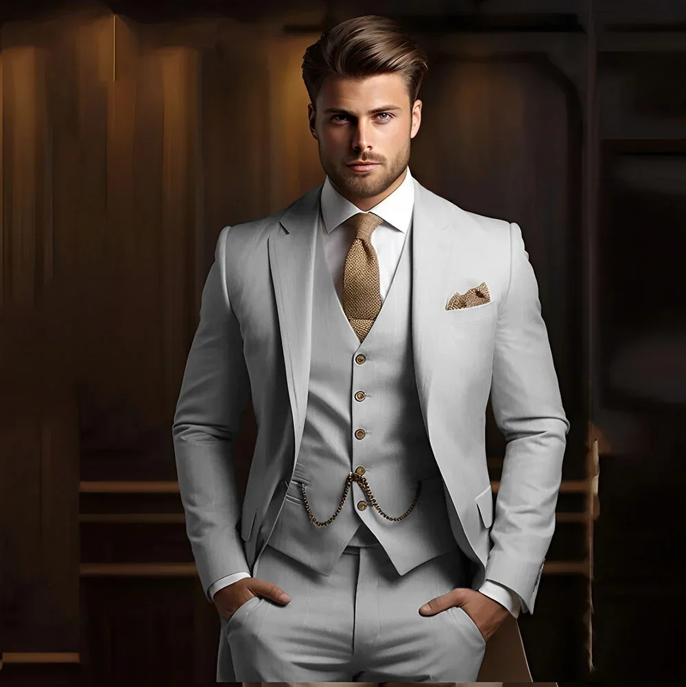 Formal Mens Suits for Groom 3 Pieces Khaki Wedding Groom Tuxedo Slim Fit Male Fashion Suit Jacket with Pants Vest 250213