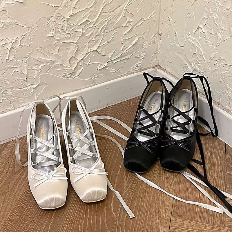 Fashion bowknot high heel ballet lace up square toe women pumps