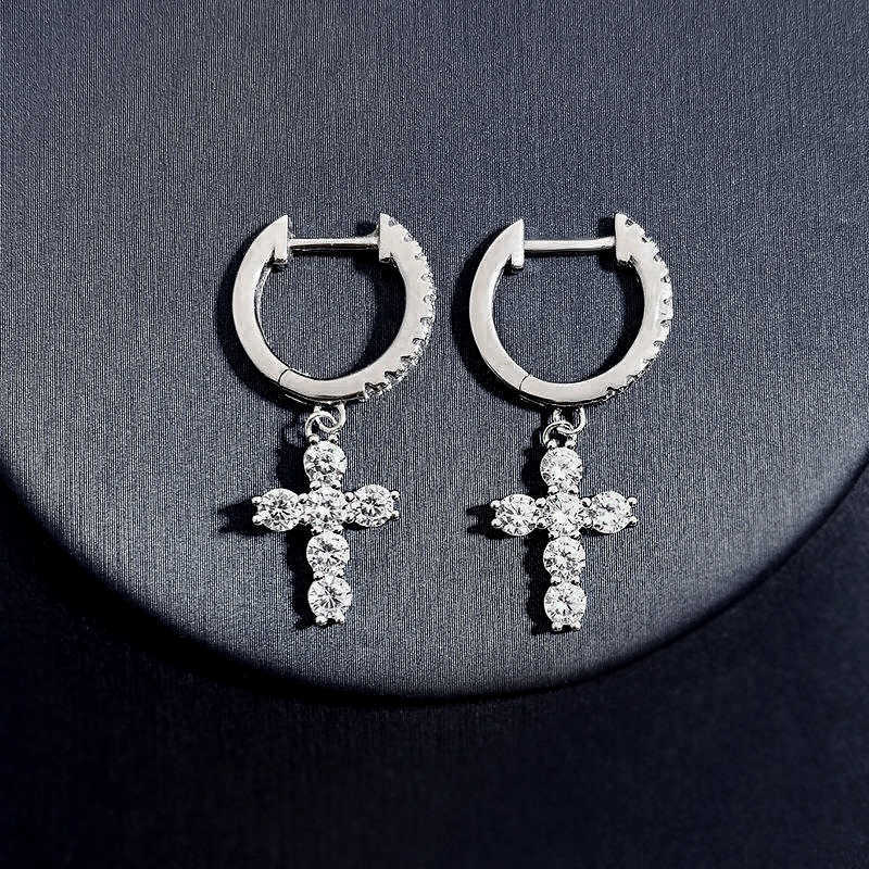 Luster Jewelry Holy Blessing 925 Silver D Color Round Moissanite Cross Pendant Earring for Women