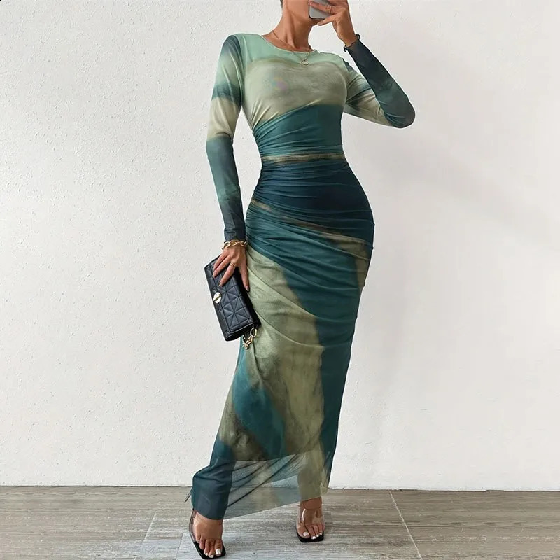 Tie Dye Green Mesh Corset Dress Autumn Elegant Women Dresses Bodycon Long Sleeve Dress Print Maxi Ruched Through Female Dress 250218