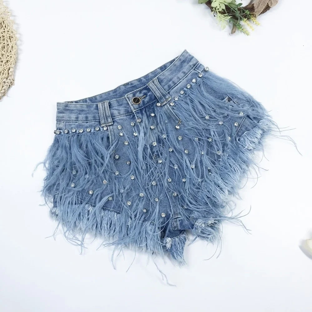 Rhinestone Beaded Exquisite Feather High Waist Denim for Womens Blue Jeans Shorts DS Nightclub Sexy Pants Fashion 250217