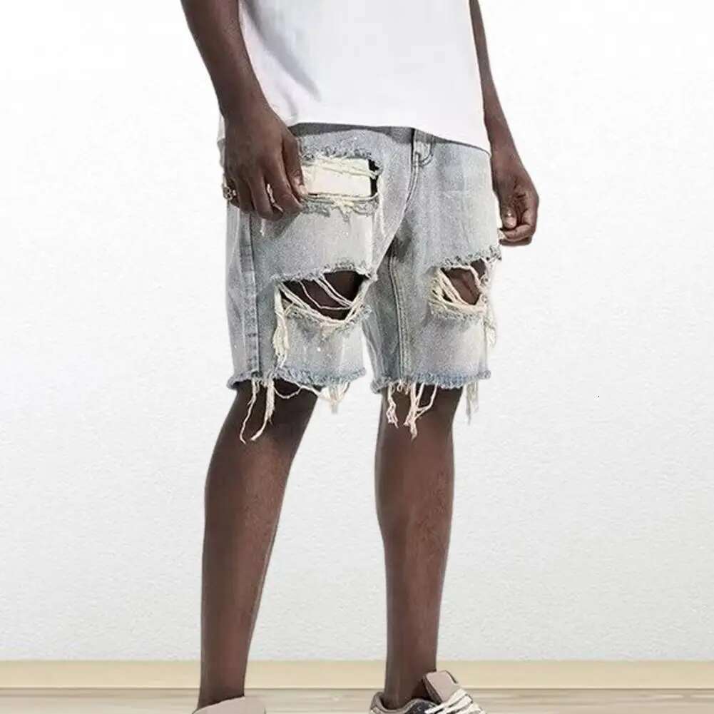 Men's Summer New Designer Denim Shorts Button Zipper Flyover Pocket Short Hip Hop Retro Sports Jeans Straight Tube Hole Knee Length