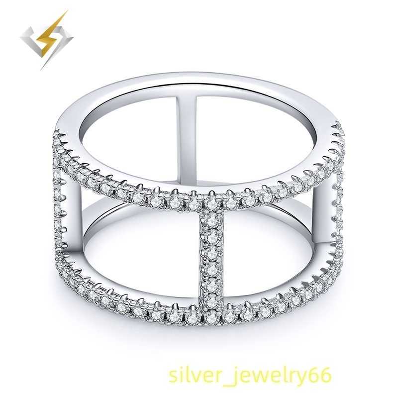 Luster Elegant Modern Style 925 Sterling Silver H-shaped Row Design Paving Moissanite Ring Band for Women