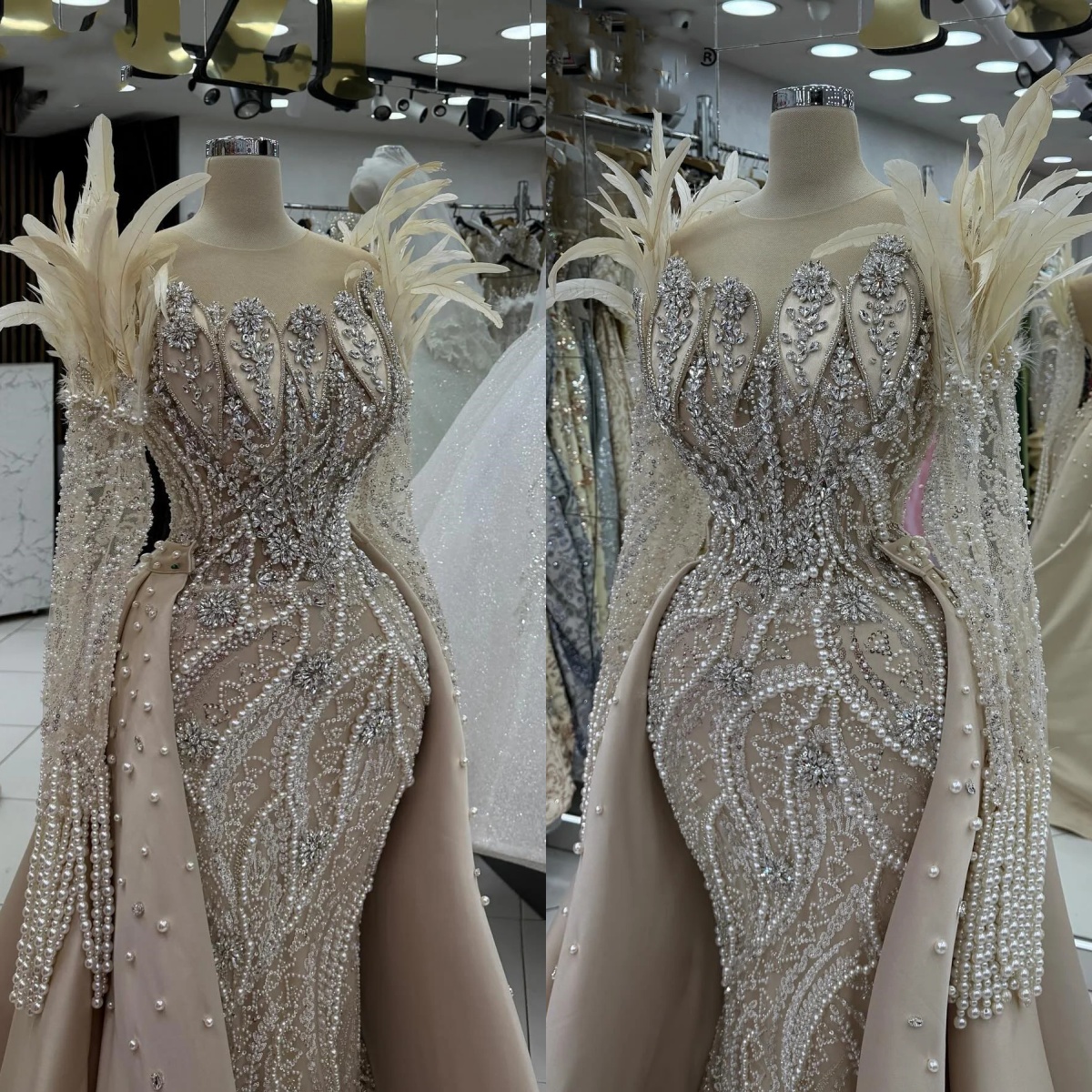Champagne Long Sleeve Feathers Arabic Dubai Evening Dress 2025 Customized Crystals Pearl Prom Dress Engagement Gowns With Train