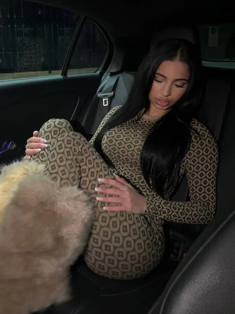 Fashion Printed Womens Contrast Waist Tight Pants Set Vintage Slim Fit Long Sleeve Round Neck Tops Suit Spring Lady Outfit 250218