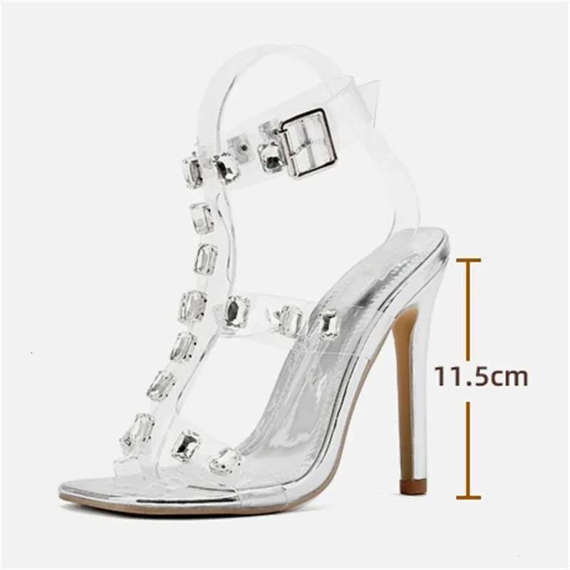 Sexy Crystal PVC Transparent Buckle Strap Woman Sandals Elegant Square Toe Thin High Heels Designer Ladies Shoes