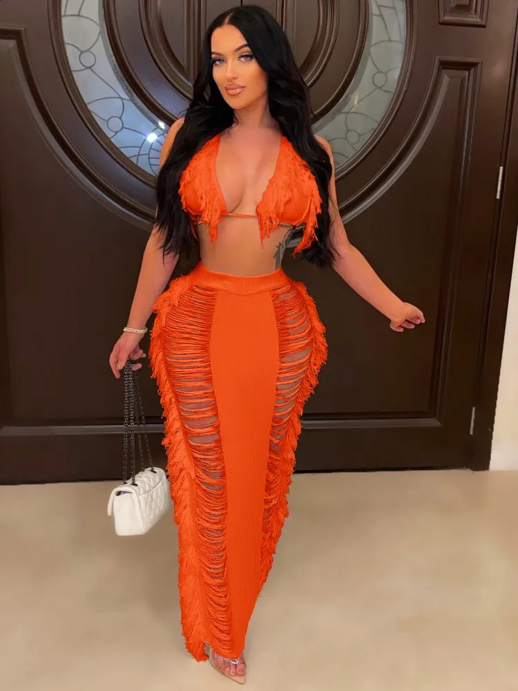 JRRY Sexy Women Knitted Set Halter Backless Crop Top Tassel Skirt Crochet Two Pieces Set Hollow Out Crocheted Beach Dress Set 250218