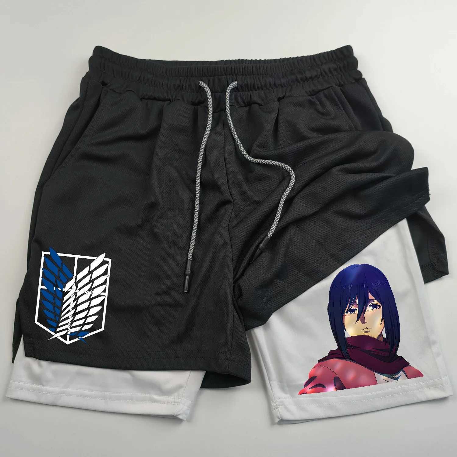 2-in-sports shorts anime Attack on Titan mens shorts quick drying breathable sports fitness shorts outdoor running gym short W250219
